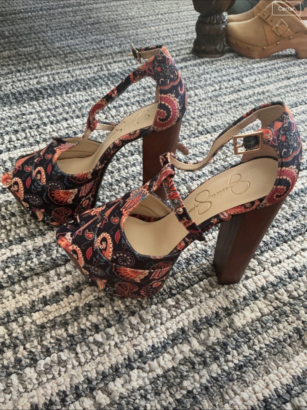 Jessica Simpson Navy Paisley Platform Heels with Brown Wood Block Heel